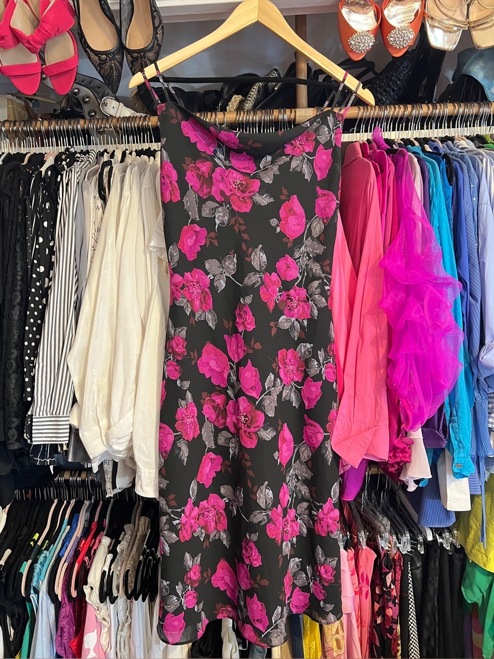 Vintage Y2k New York & Company Black Midi Slip Dress with Hot Pink Floral Print